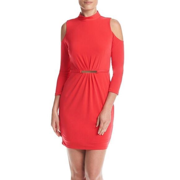 New! JESSICA SIMPSON Cold-Shoulder Sheath Dress Bodycon Color Hot Coral - Picture 1 of 7